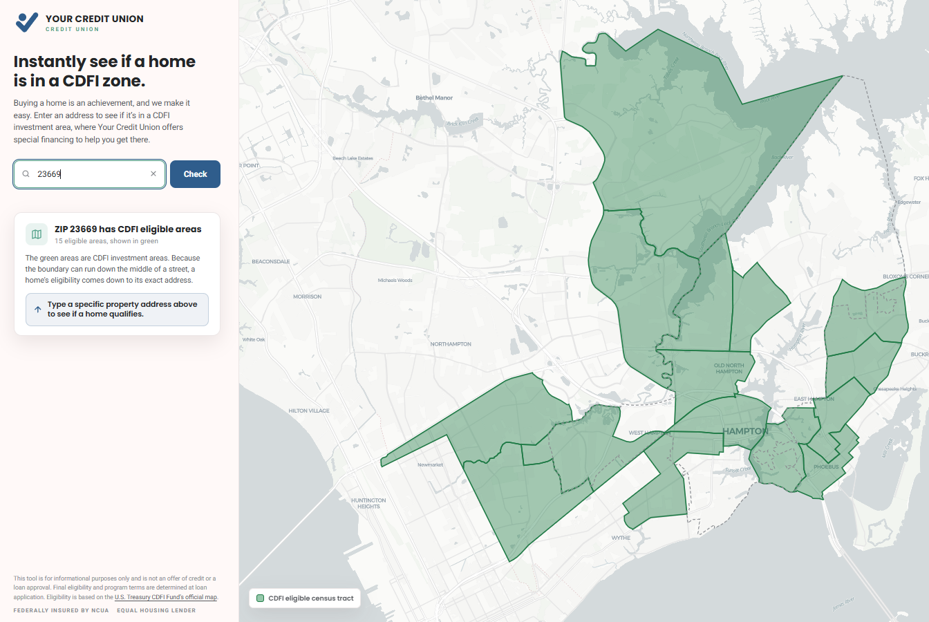 Opportunity Finder ZIP-code view for 23669 in Hampton, VA: fifteen CDFI-eligible investment areas shown in green across the map, with a prompt to enter a specific address to confirm a single home.
