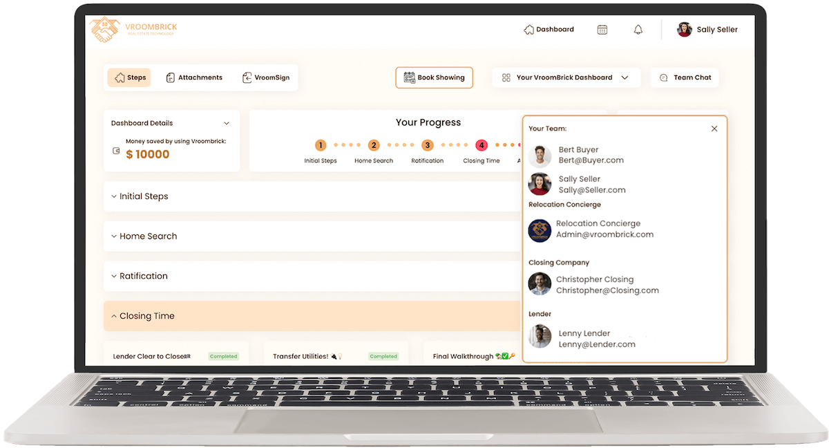 The VroomBrick buyer dashboard shown in a laptop — Your Team panel, Progress dots, and Closing Time phase open