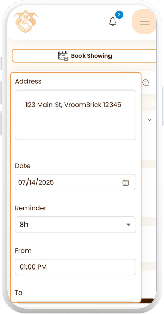 VroomBrick app 'Book Showing' form with address, date picker, reminder, and time inputs