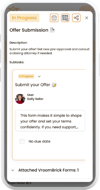 VroomBrick app 'Offer Submission' in-progress task card with Sally Seller and subtasks for shaping the offer