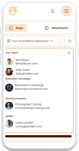 VroomBrick app Your Team list with buyer, seller, Relocation Concierge, closing company, and lender