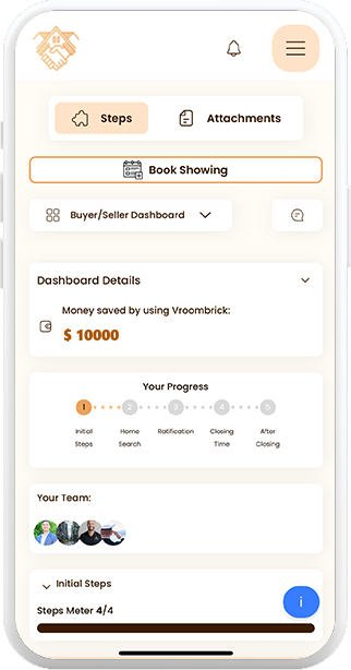 VroomBrick app dashboard with Steps tab, Book Showing button, $9,500 saved, 5-stage progress tracker, Your Team, and Initial Steps phase