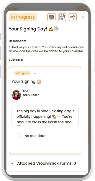 VroomBrick app 'Your Signing Day!' closing day task card with subtasks and attorney coordination